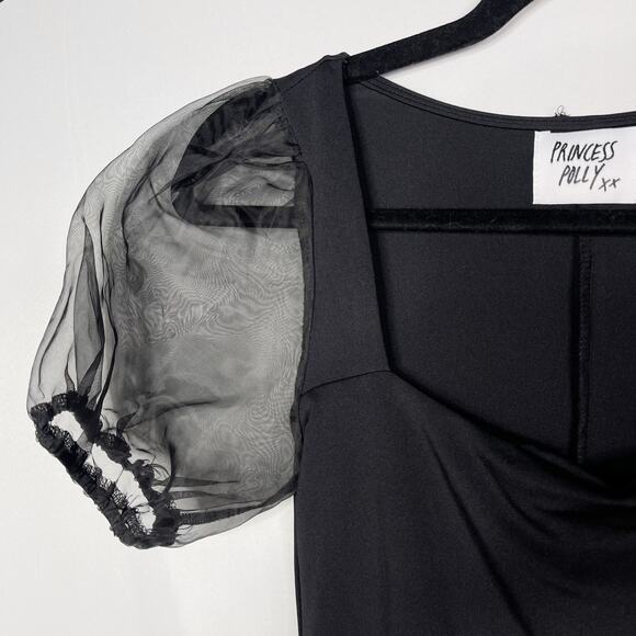 Princess Polly Size 2 Black Puff Sleeve Bodysuit Square Neckline Sheer Stretch - Picture 5 of 12